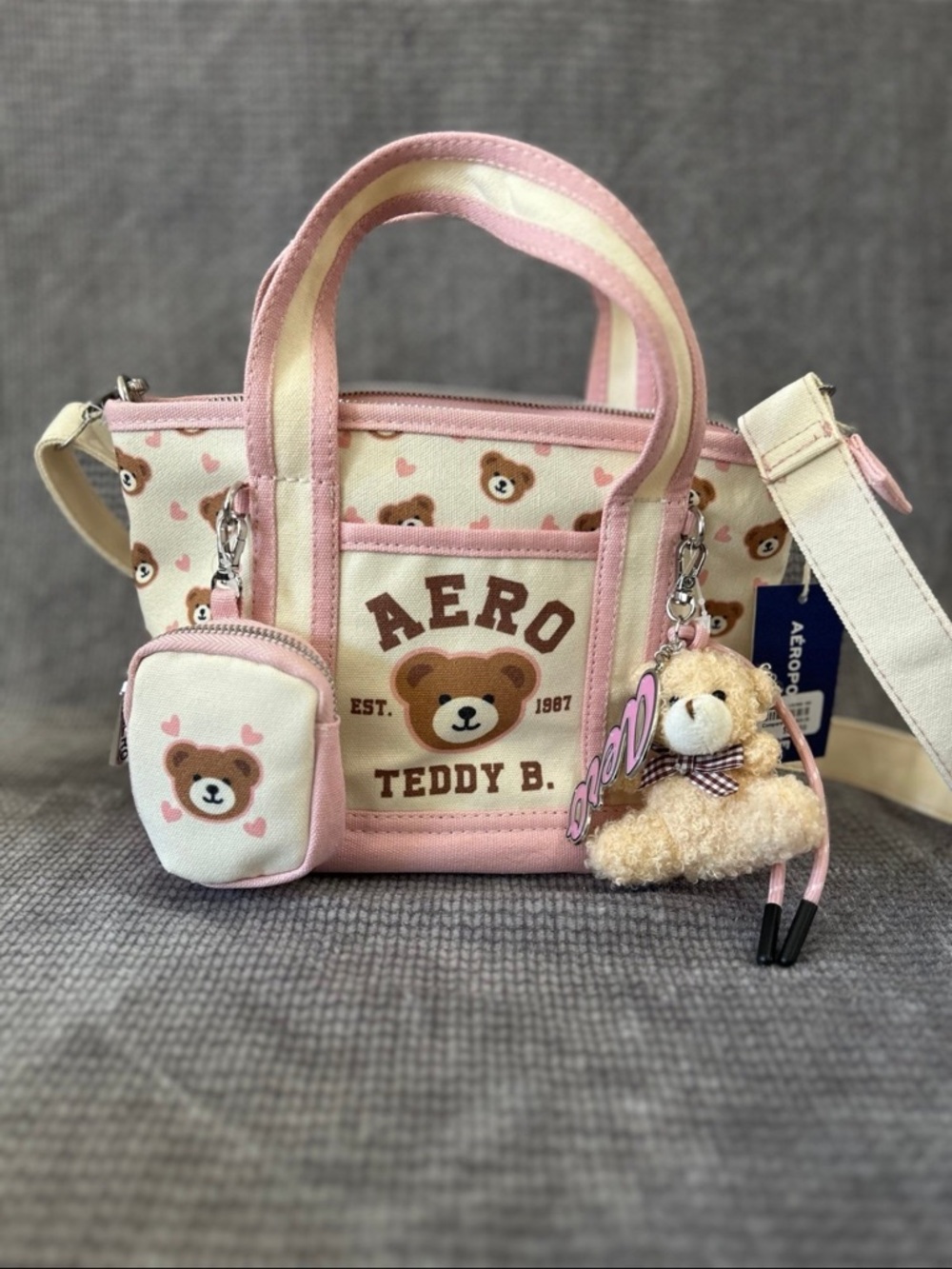 Y2K Aero Aeropostale Pink Teddy Bear Mini Tote Bag Purse Canvas NWT